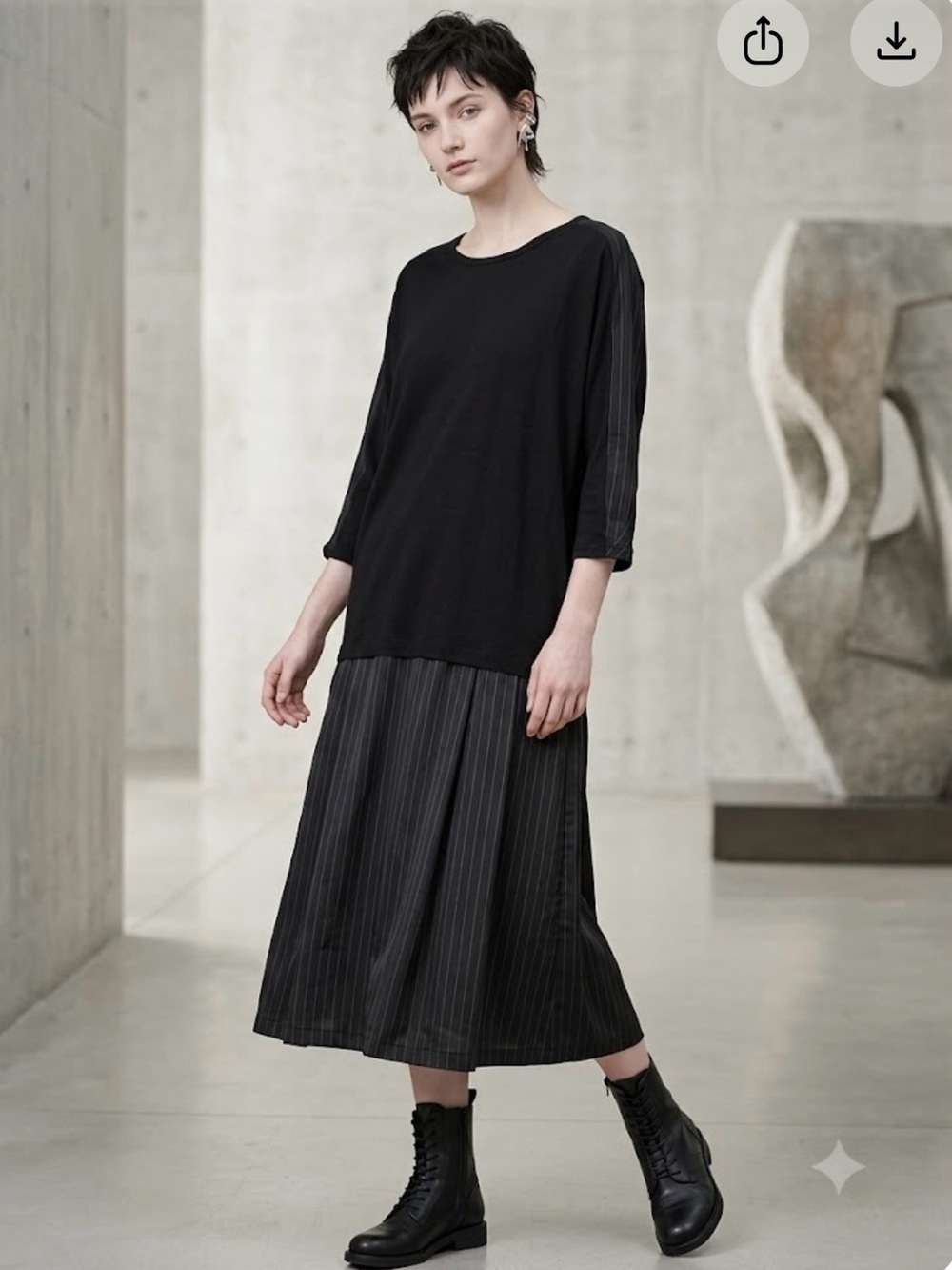 Y's Yohji Yamamoto Pinstripe Mixed Media Midi Dress Cotton Cupro Black Sz S/M - Picture 1 of 6
